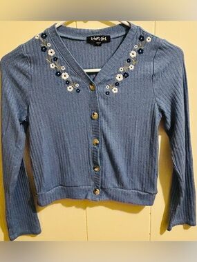 Trixxi Girl floral embroidered ribbed cardigan sweater girls medium